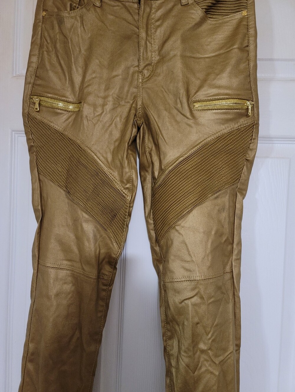 Blue Topic Metallic Gold Moto Skinny Pants with Ribbed Panels